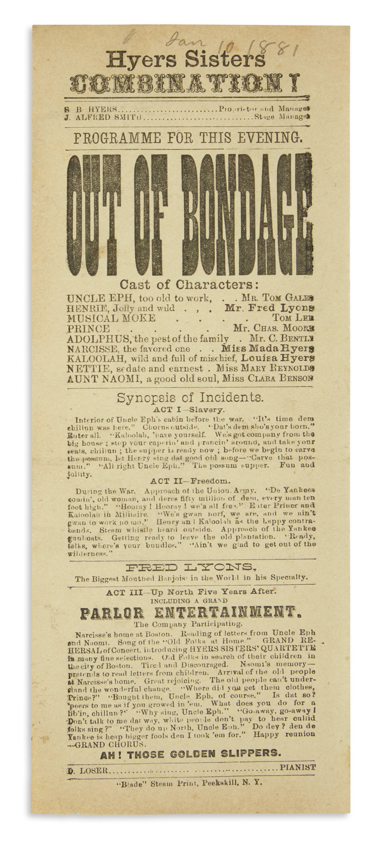 (ENTERTAINMENT--THEATER.) Program for the Hyers Sisters Combination in Out of Bondage.